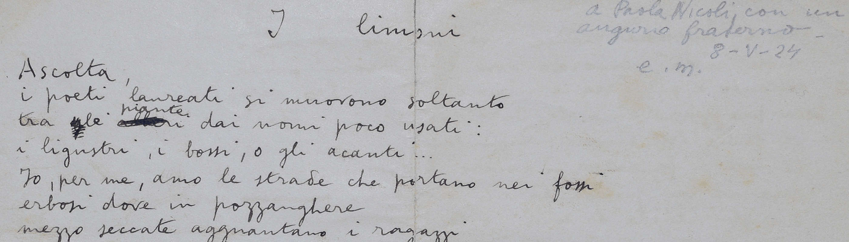 “I limoni” di Eugenio Montale con dedica autografa dell'autore a Paola Nicòli